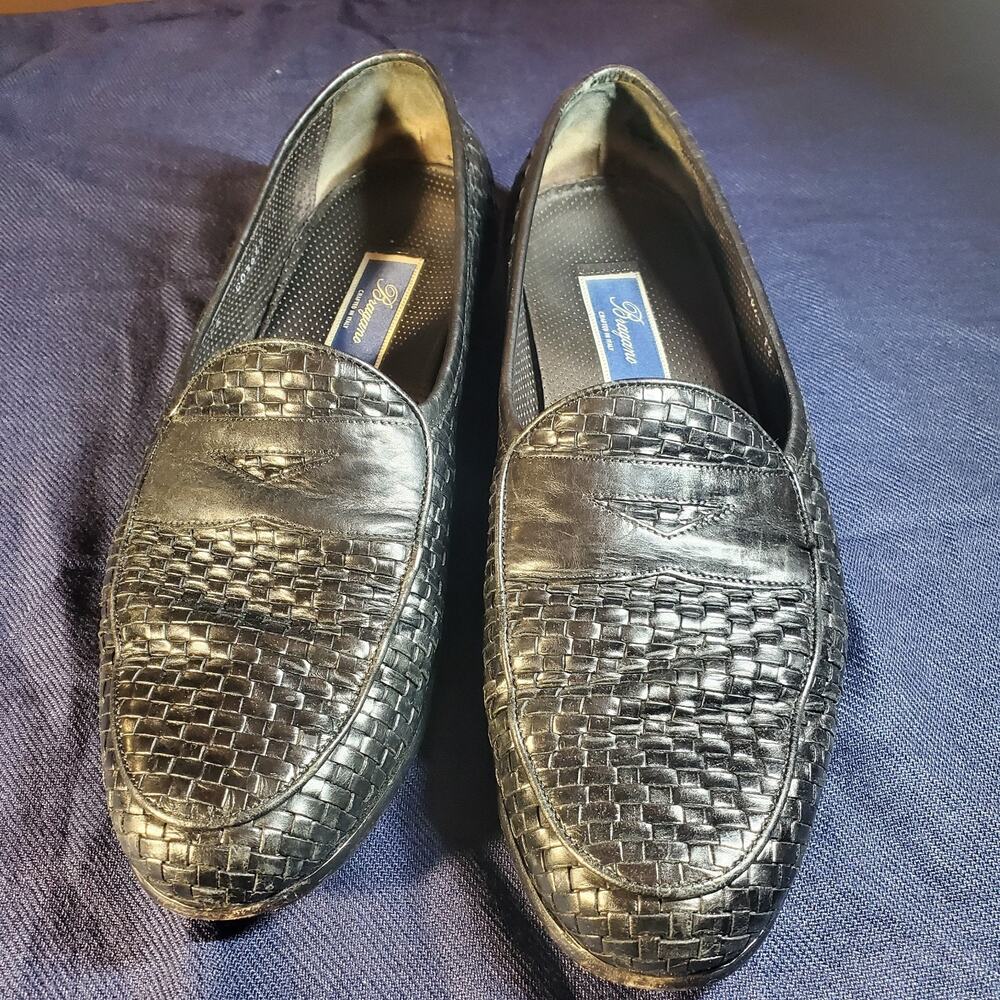 Bragano Italy Mens Size 12 Black Woven Leather Dress Shoes Slip On Loafers